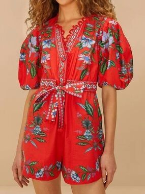 NEW FARM Rio Red Sweet Bloom Bouquet Organic Cotton Puff Sleeve Romper Size XS